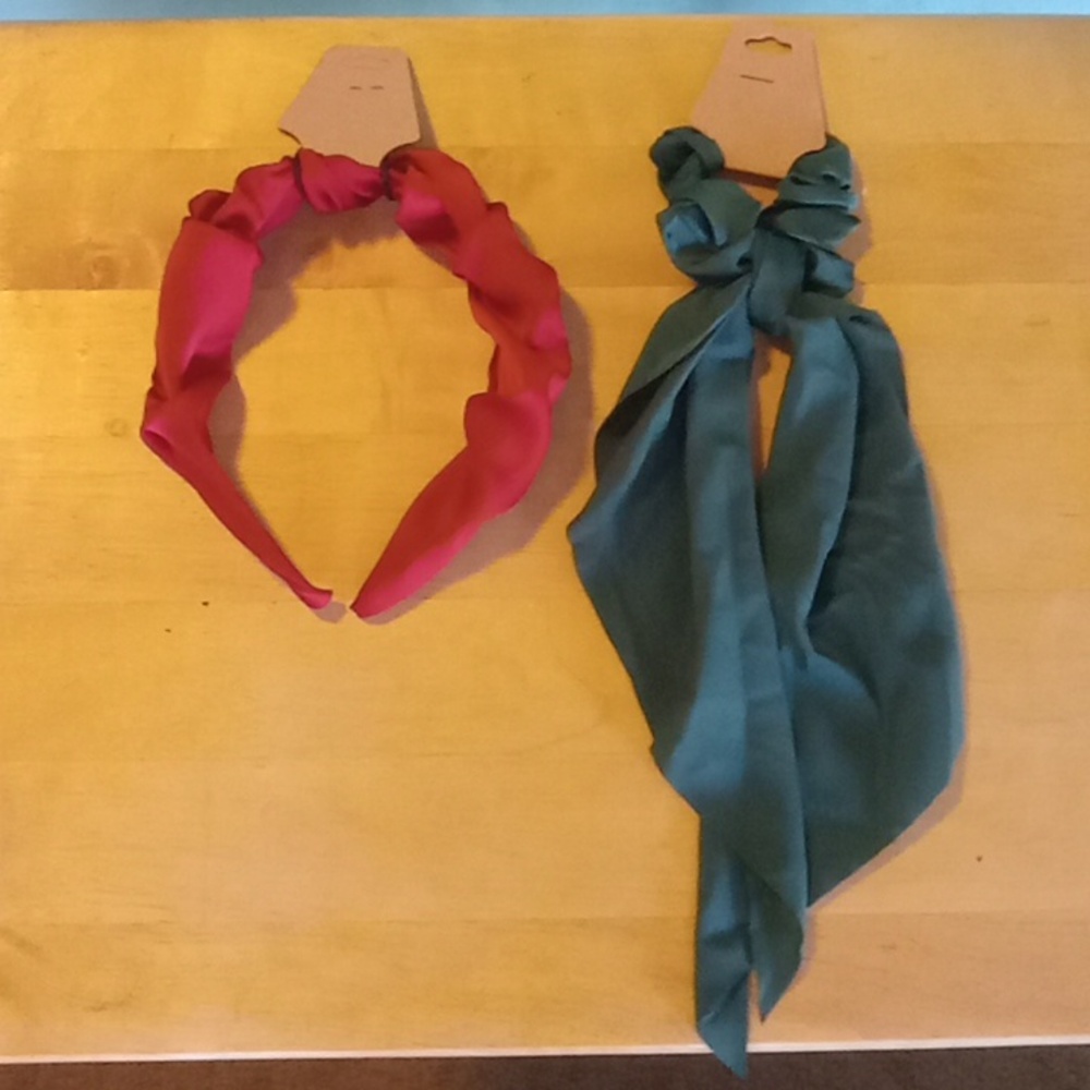 2 Pc Hair Accessories Red Headband & Green Scrunchy with 1.5" Tail
